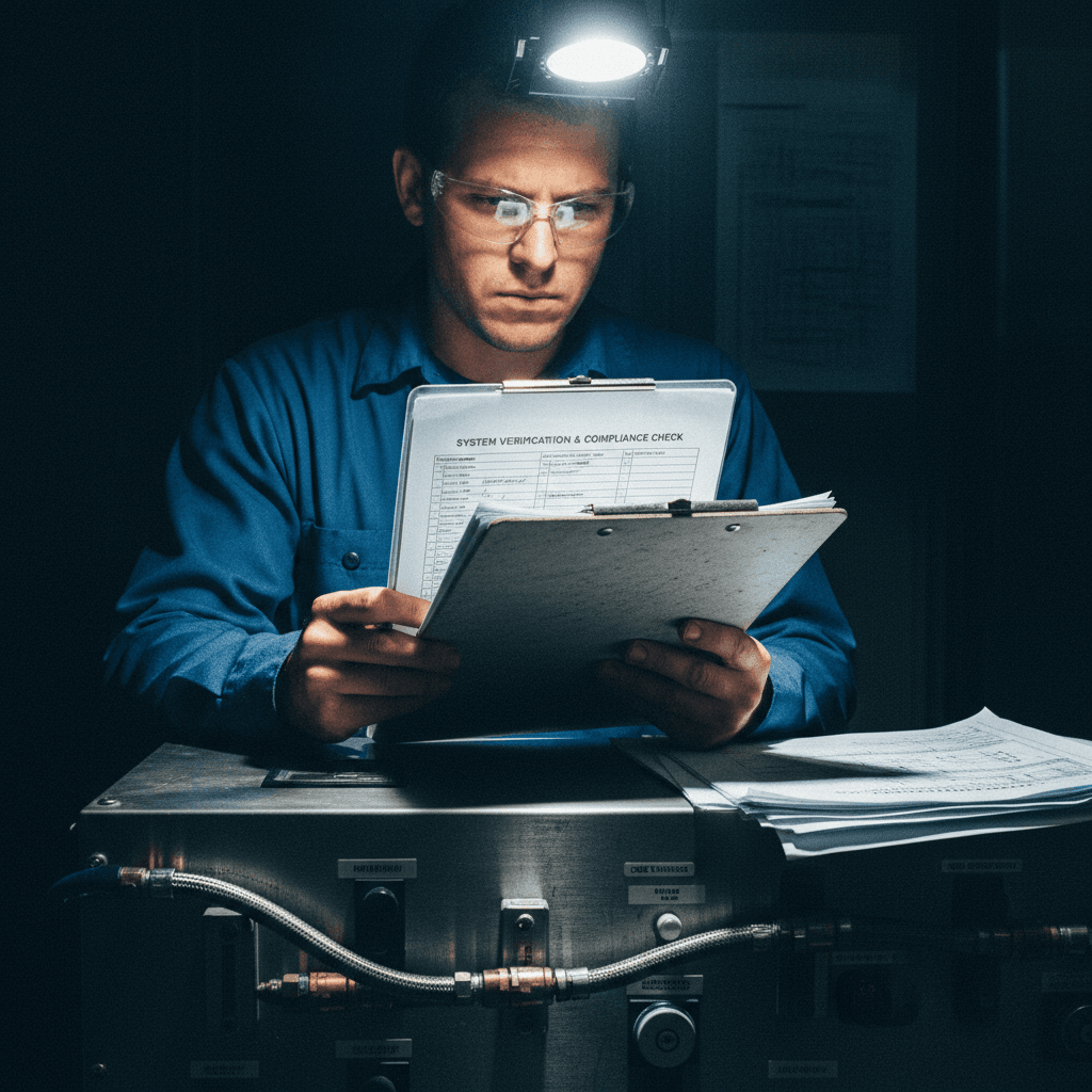 Technician documenting HVAC system inspection and compliance verification