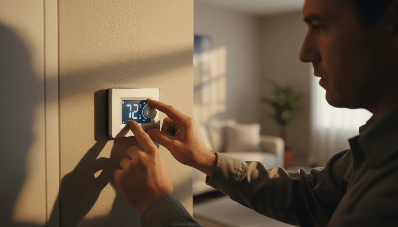 HVAC technician adjusting a residential thermostat with precision and expertise