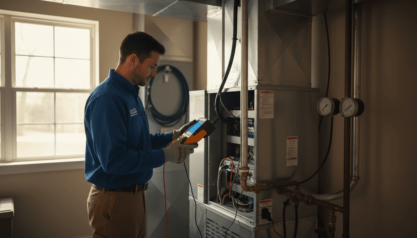 HVAC technician performing diagnostic inspection on residential heating system