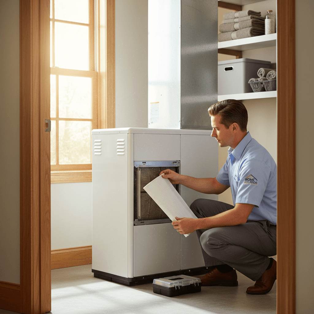 HVAC technician replacing furnace filter during maintenance visit
