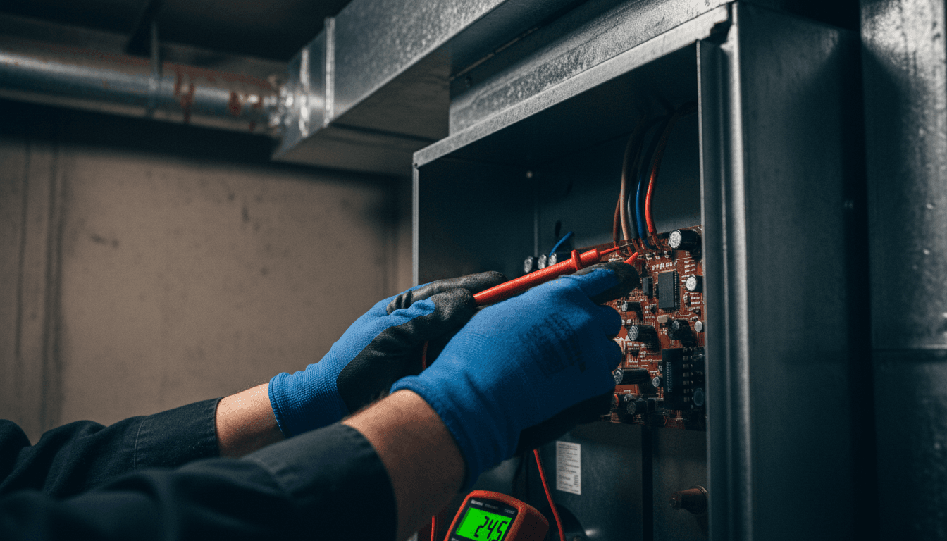 HVAC technician performing diagnostic work on a furnace system