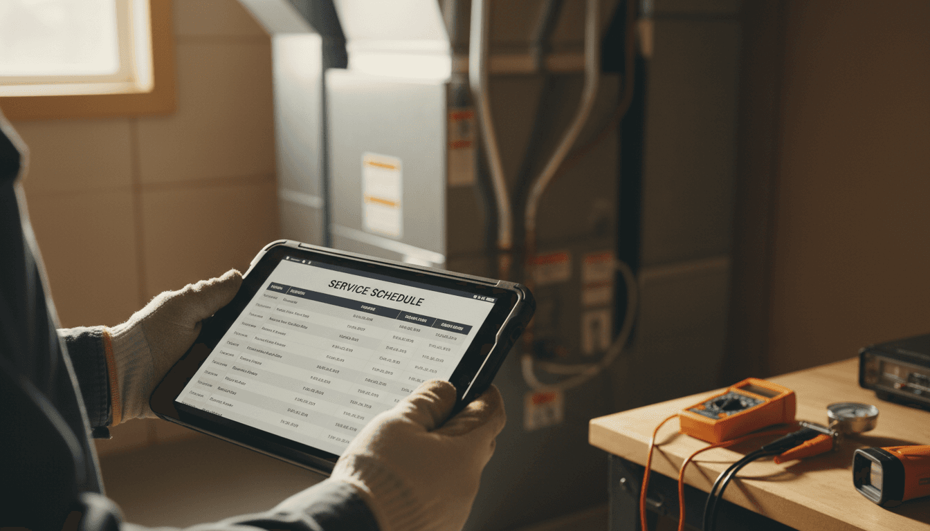 HVAC technician reviewing service schedule on tablet